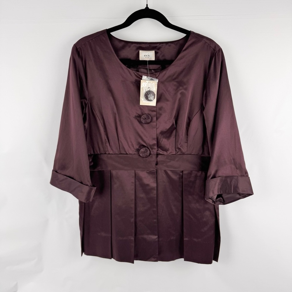 NWT ECI NY Silk Burgundy Peplum Pleated Blouse Top